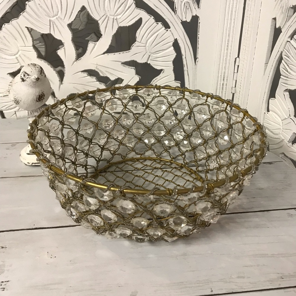 Rustic Vintage Wire Beaded Basket with Crystal Accents, Gold-Tone Tabletop Decor